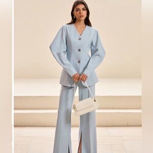 NWT Commense Puffed sleeve Blue Blazer and pants set Sz XS